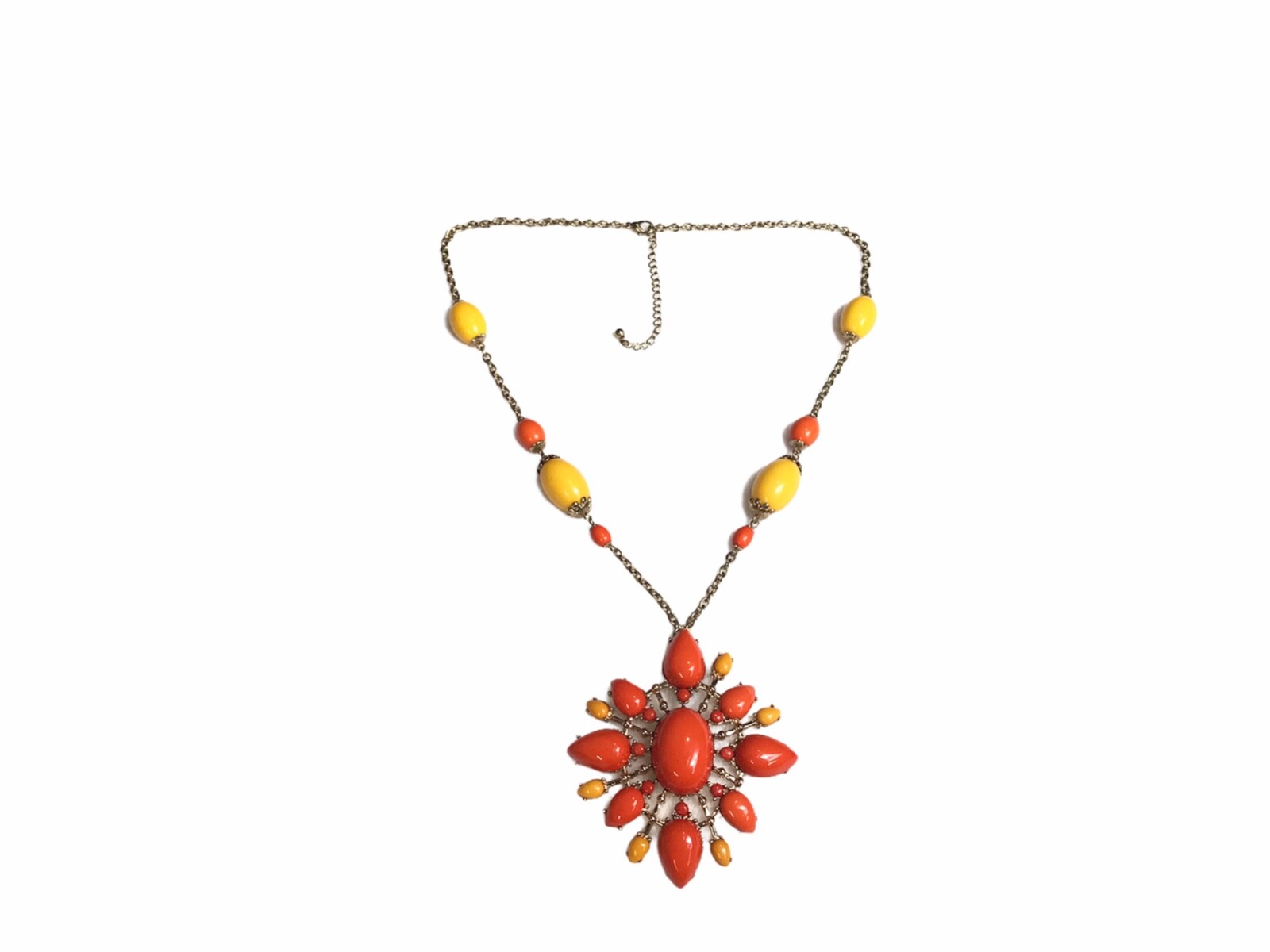 Starburst Large Statement Beaded Necklace Orange Yellow Gold Tone Adjustable