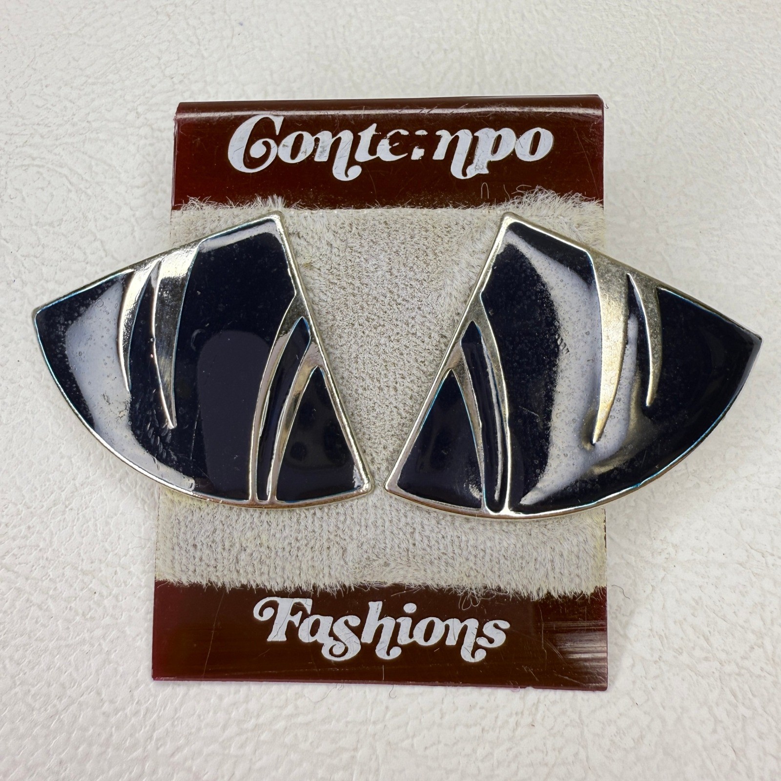 Contempo Fashions Vintage 80s Clip On Earrings Black Silver Tone Geometric