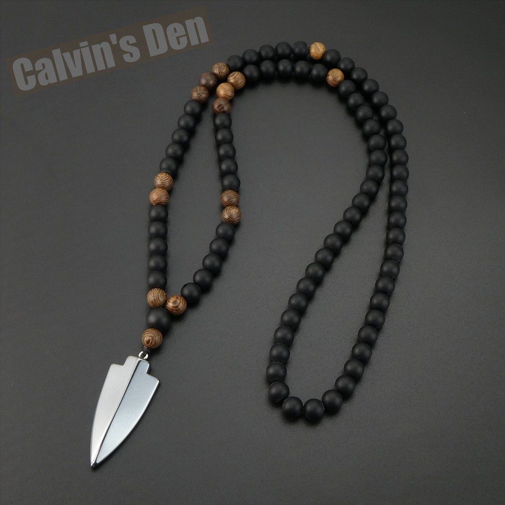 Matte Black Onyx Wenge Wood Bead Hematite Arrowhead Pendant 28” Long Necklace