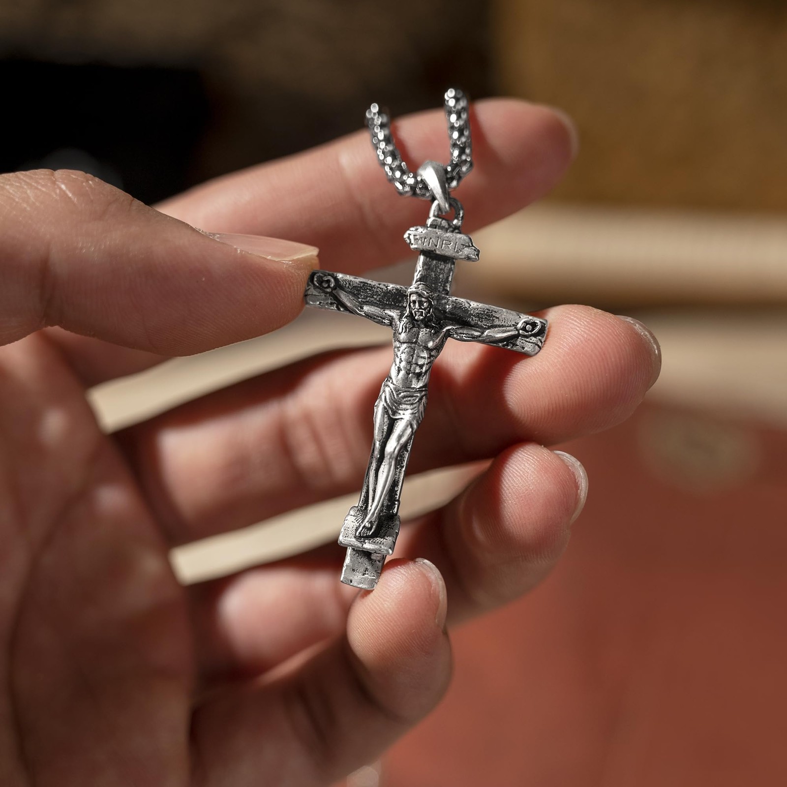 BGCOPPER Sterling Silver Crucifix Pendant Necklace for Men, Jesus Cross Neckl…