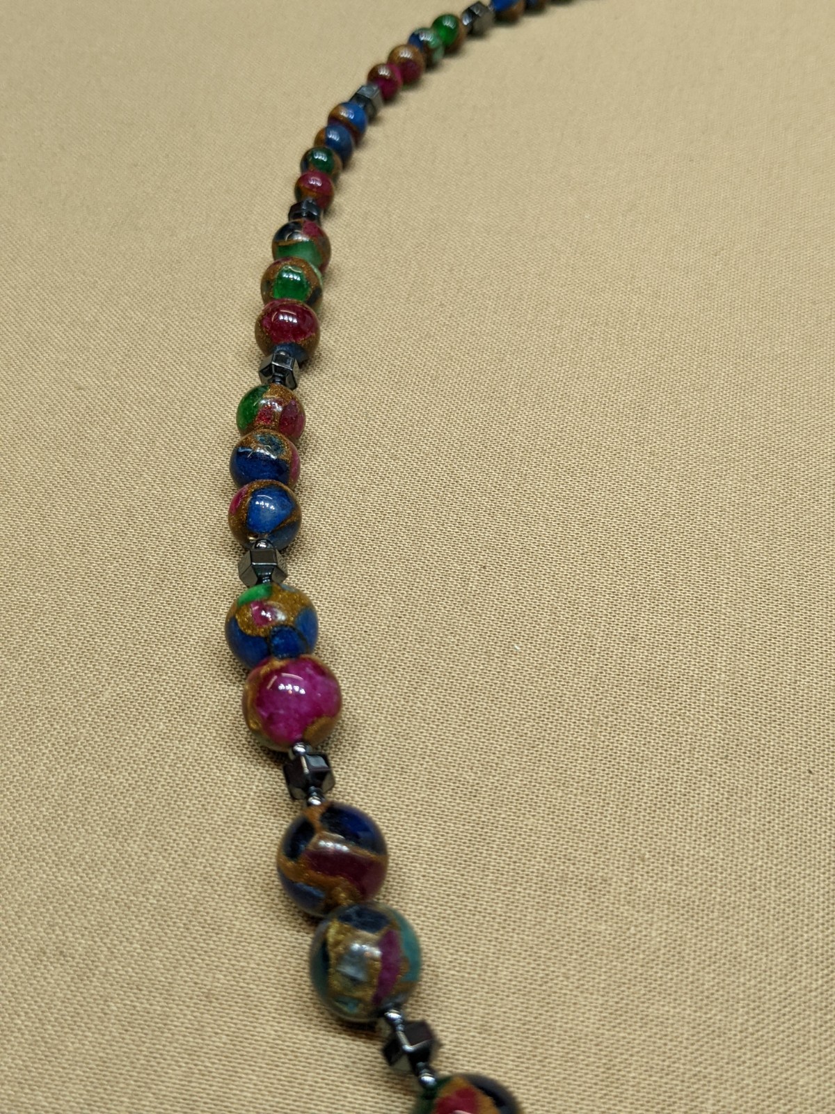 Composite Stone Bead Necklace Jadeite Range Boho Beaded Glassy Jewelry ~22″