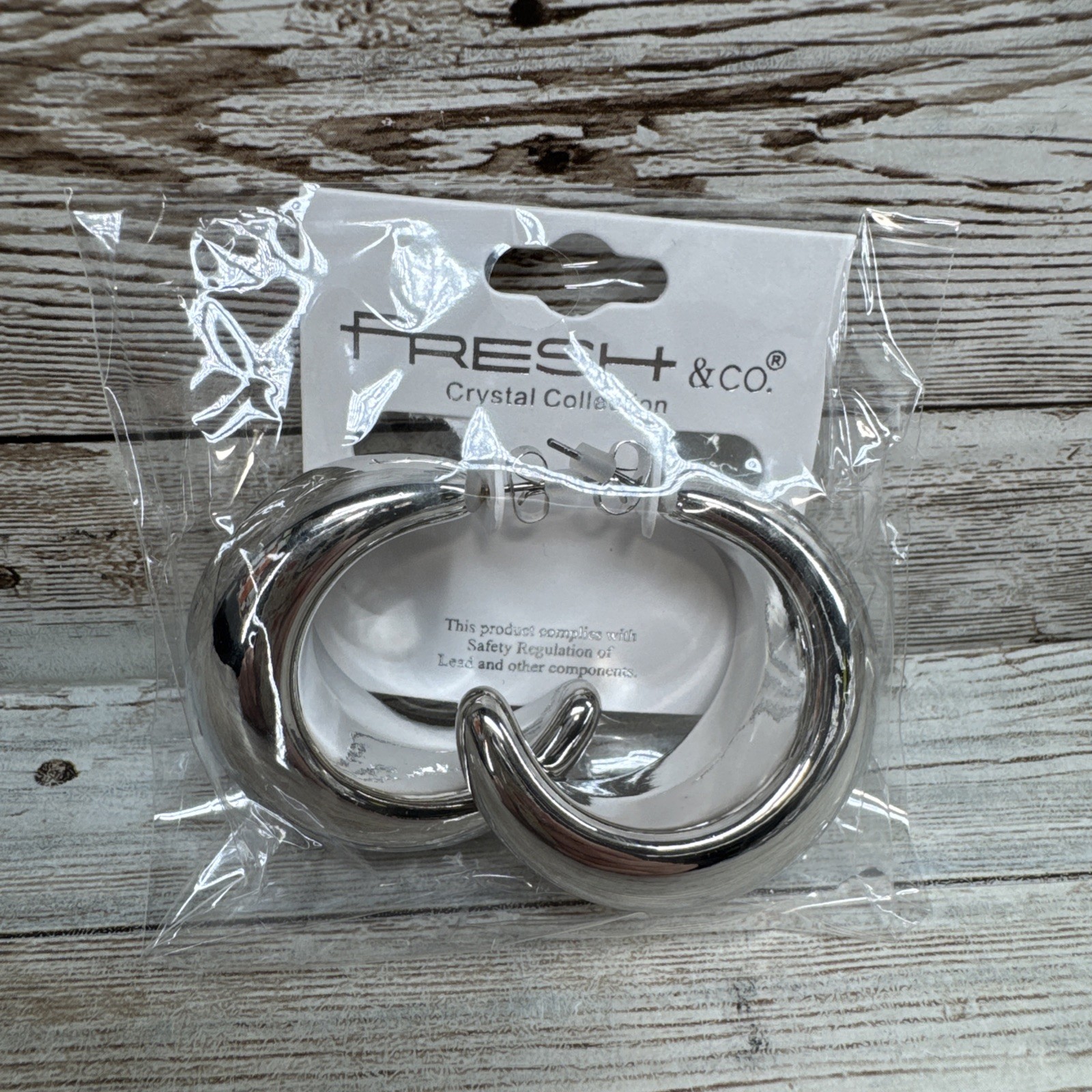 Fresh & CO. Crystal Collection Silver Earrings Chunky C-Hoop New in Package