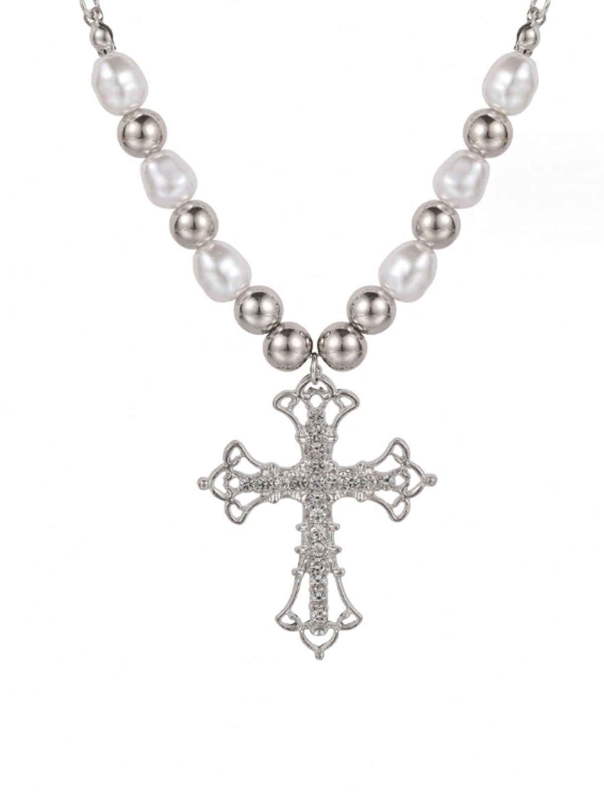 1pc Glamorous Zinc Alloy Rhinestone & Faux Pearl Decor Cross Charm Necklace For