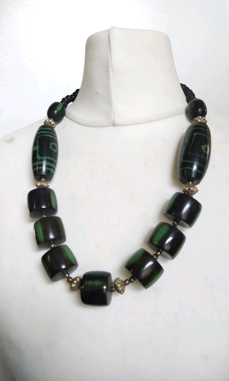 Vintage Chunky Black Green Resin, Metal Mixed Shapes Beaded Statement Necklace
