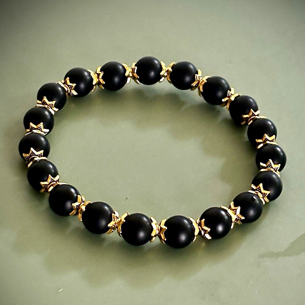 Black Matte Onyx Stretch Bracelet w/ Gold Tone Star Spacers