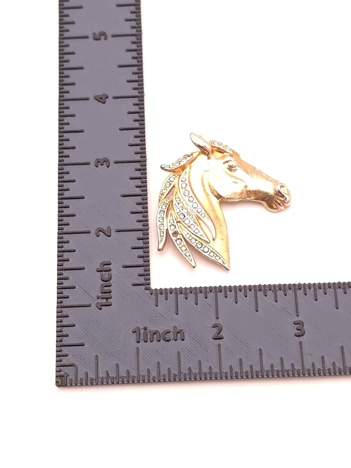 Vintqge Gold Tone Horse Head Clear Round Crystal Rhinestone Brooch Pin