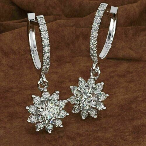 2.00Ct Round Cut Simulated Diamond Drop Dangle Earrings 14k White Gold Plated