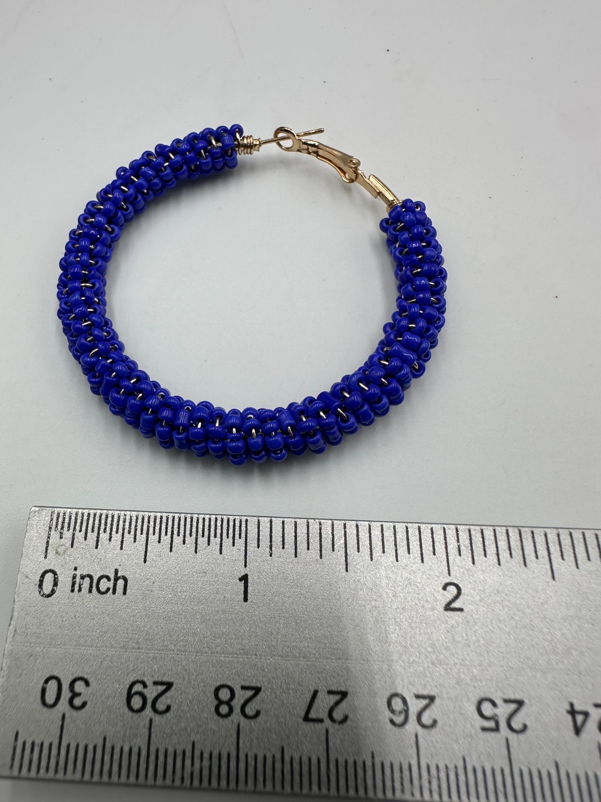 Blue Beaded Hoop Earrings Gold Tone Seed Beads Wire Wrapped Chunky Statement