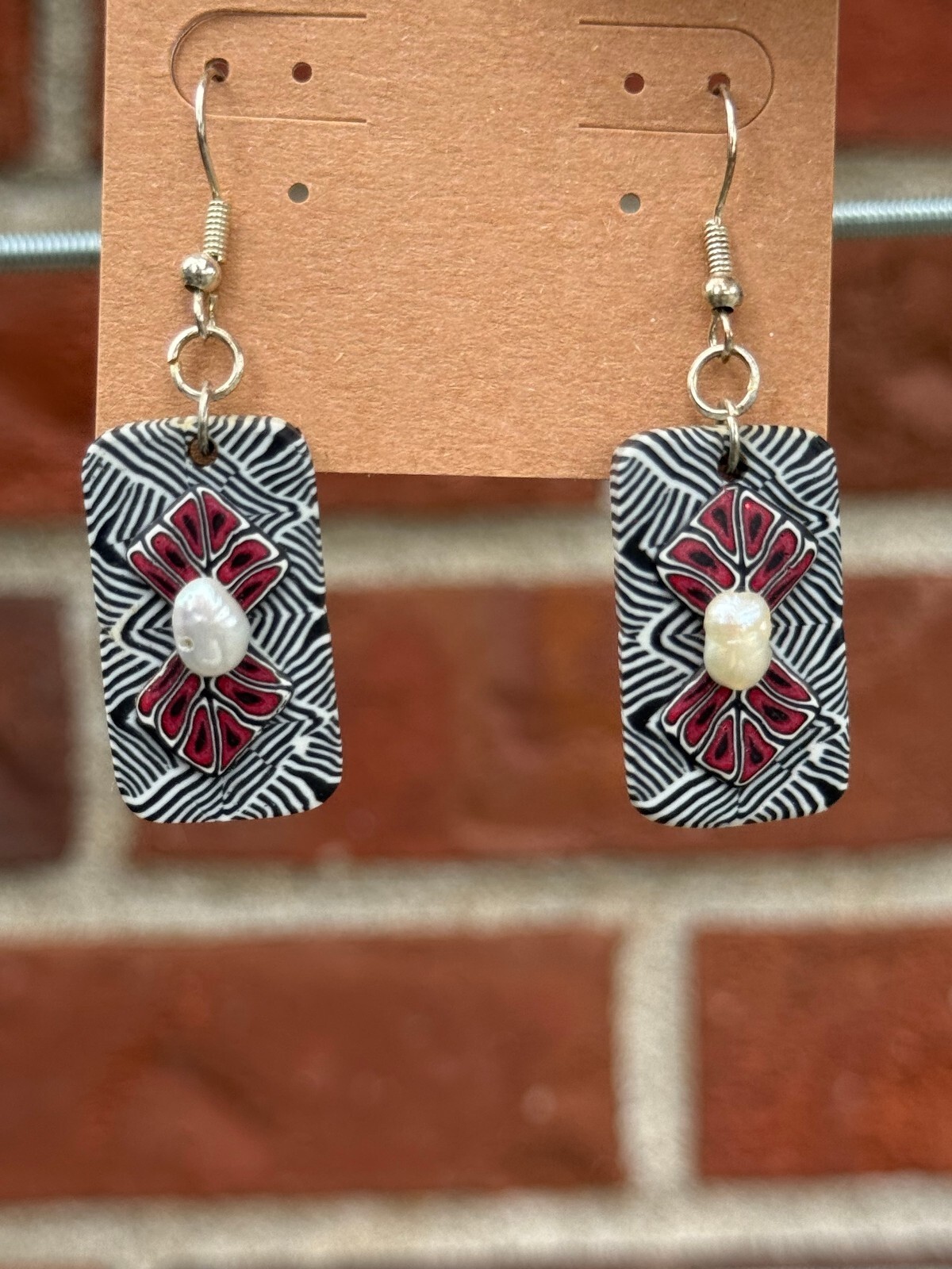 Handmade Polymer Clay Earrings Black Maroon with Pearl Like Bead