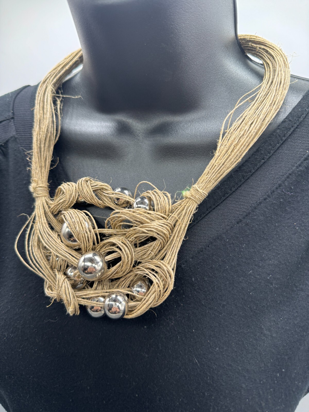 Birds Nest Necklace Beige Stranded Interwoven Silver Tone Beads 22″ Chain Close