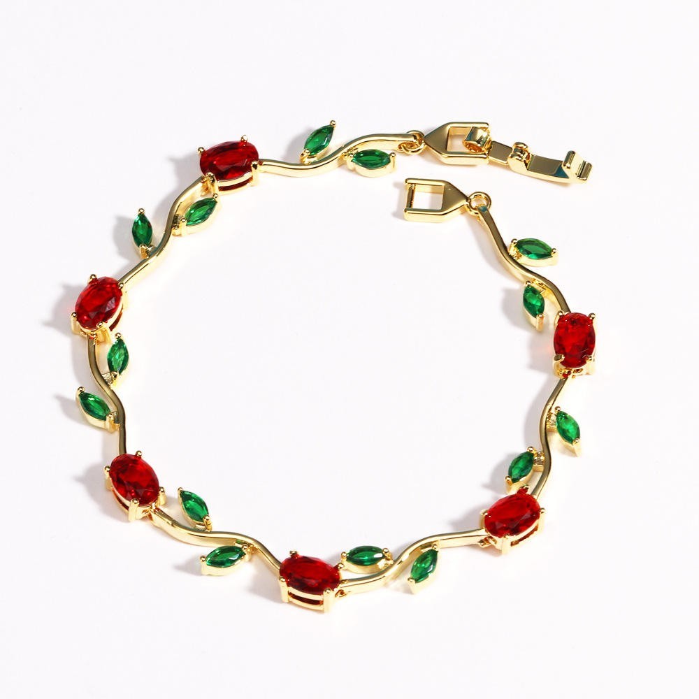 Oval Red Garnet 925 Gold Plated Clear Bracelet Leaf Vine Link Fashion Jewelry