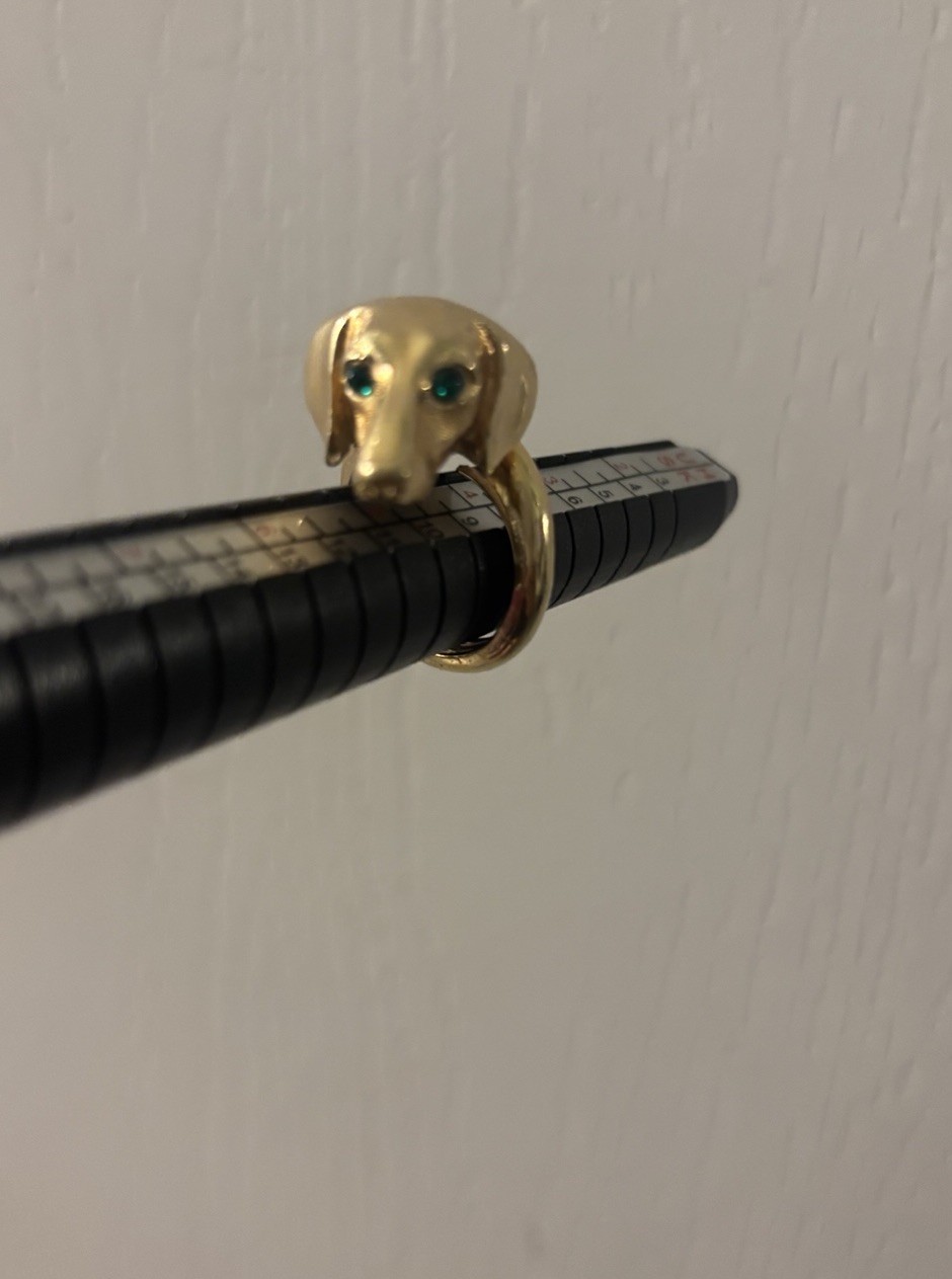 Extra Rare Crown TRIFARI Gold Tone Green Eyed Dachshund Dog Head Ring