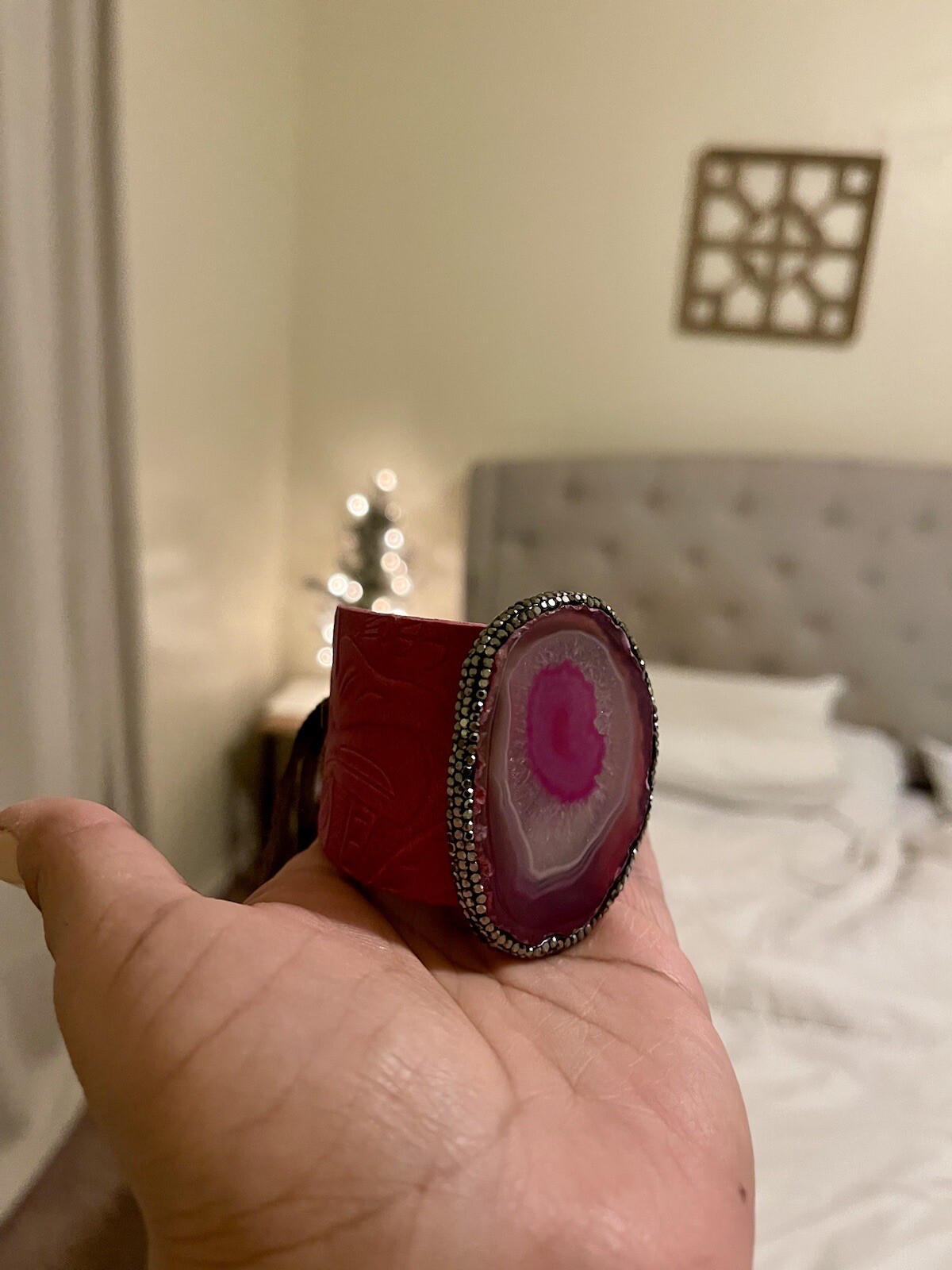 Sandra Ling Pink Leather Tooled Bracelet Cuff