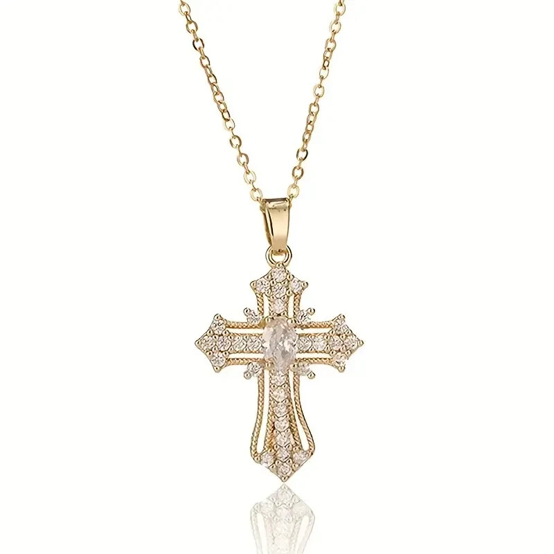 Women Luxury 14K Gold Plated Rhinestone Crystal Cross Pendant Necklace Charm New