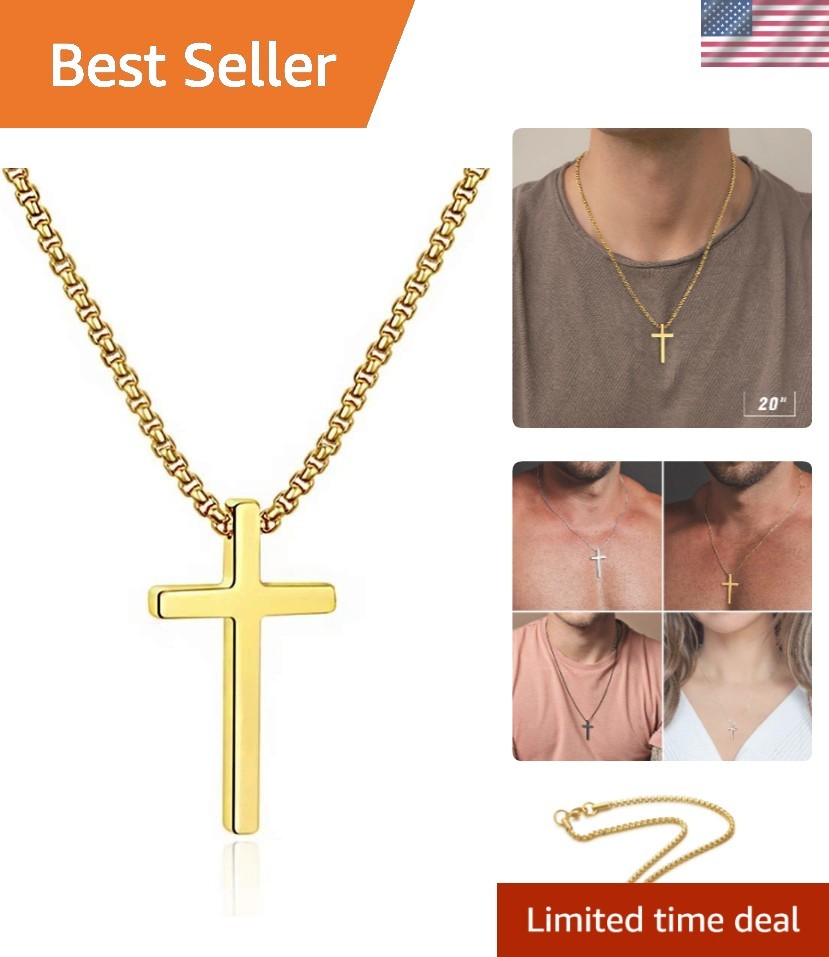Plain Silver Cross Necklace for Men and Teens, Durable 20-Inch Stainless Steel