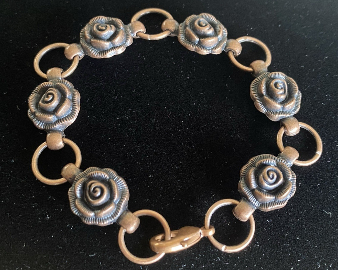 Rose Bracelet Antique Copper Hook Clasp Roses Pewter Charms 7 1/4″ inch Flower