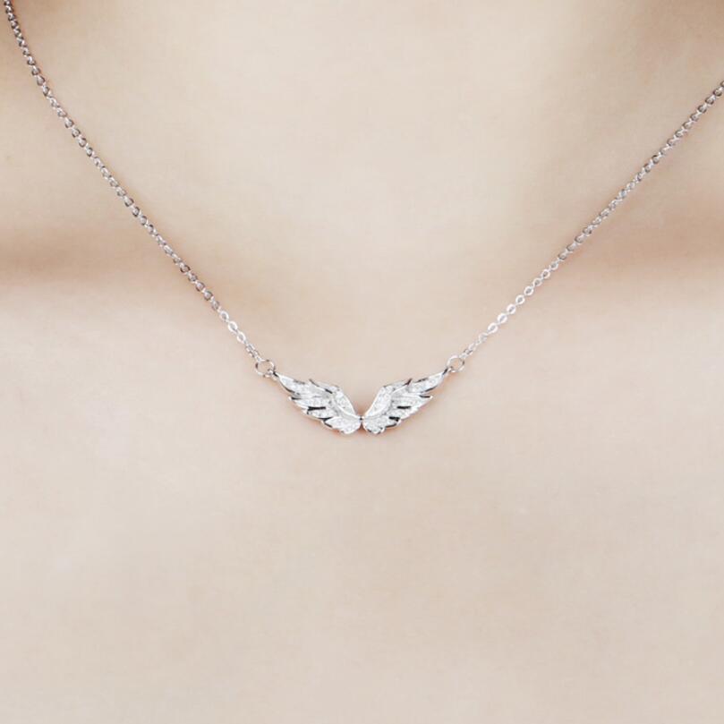 Silver Lovely Angel Wing Pave Cubic Zirconia Pendant Chain Necklace