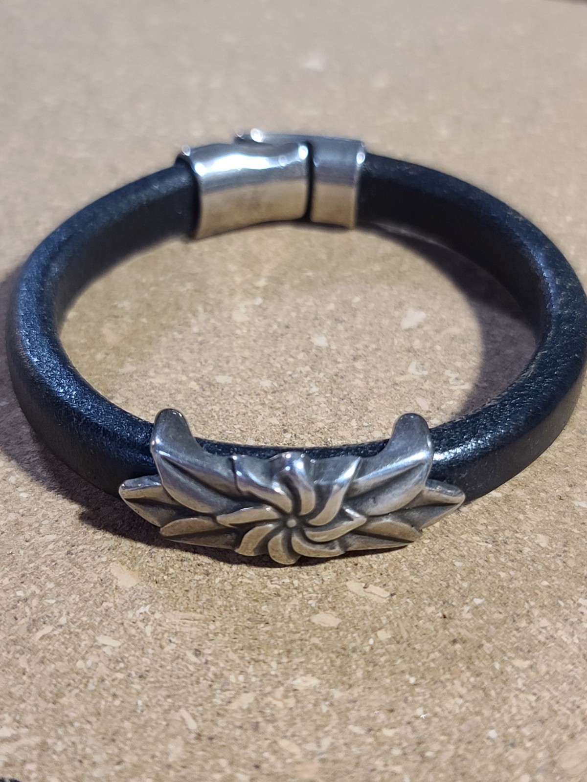 Black Leather Cuff Bracelet Magnetic Closure Silver Tone Floral Centerpiece