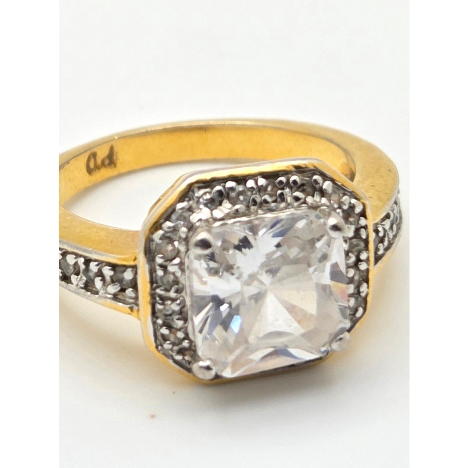 American Diamond Two-Tone Cushion Cut CZ Halo Ring – 6