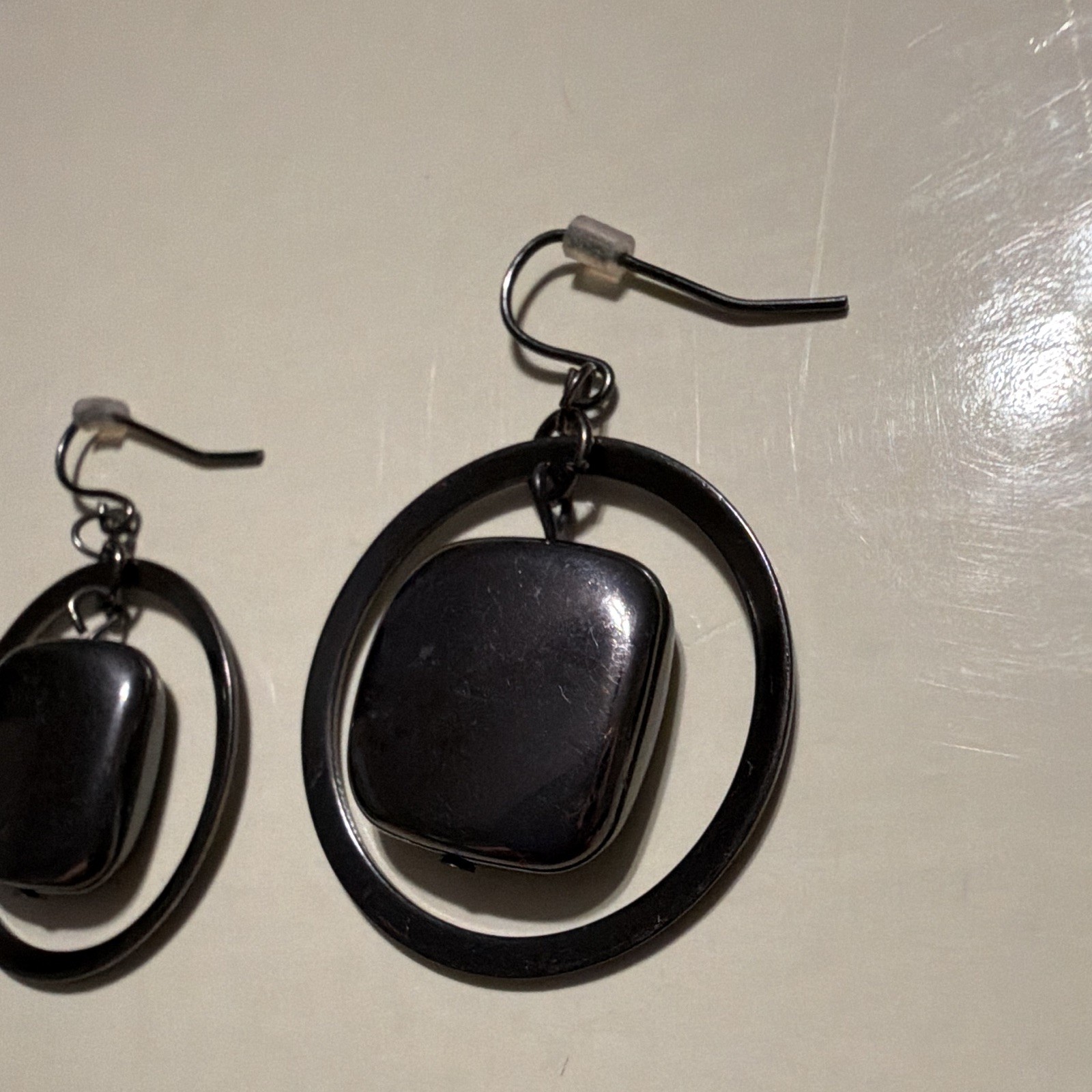 Black Hoop Dangle/Drop Earrings, Square Charm, Hook Closure, Metal, No Stone