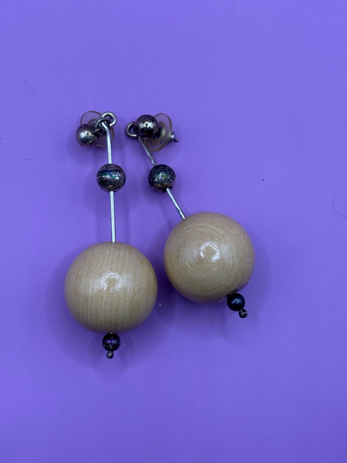 Wood & Metal Beaded Dangle Drop Earrings Brown Silver Black Butterfly Closure