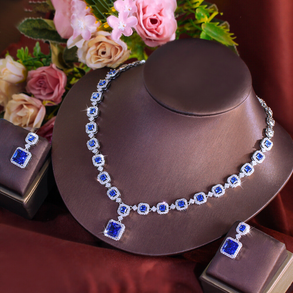 Blue Square Drop Earrings Necklace Silver Plated Cubic Zircon Bridal Jewelry Set