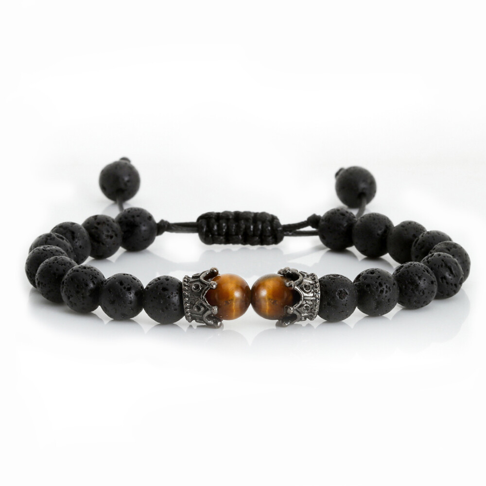 Black Lava Stone Crown Charm Tiger Eye Beads Braided Bracelet For Men Women Gift