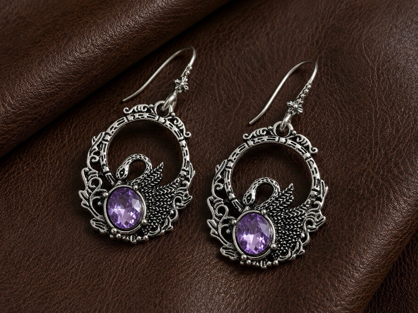 Silver Bird Swan Amethyst Earrings Filigree Gothic Boho VTG Antique Victorian CZ