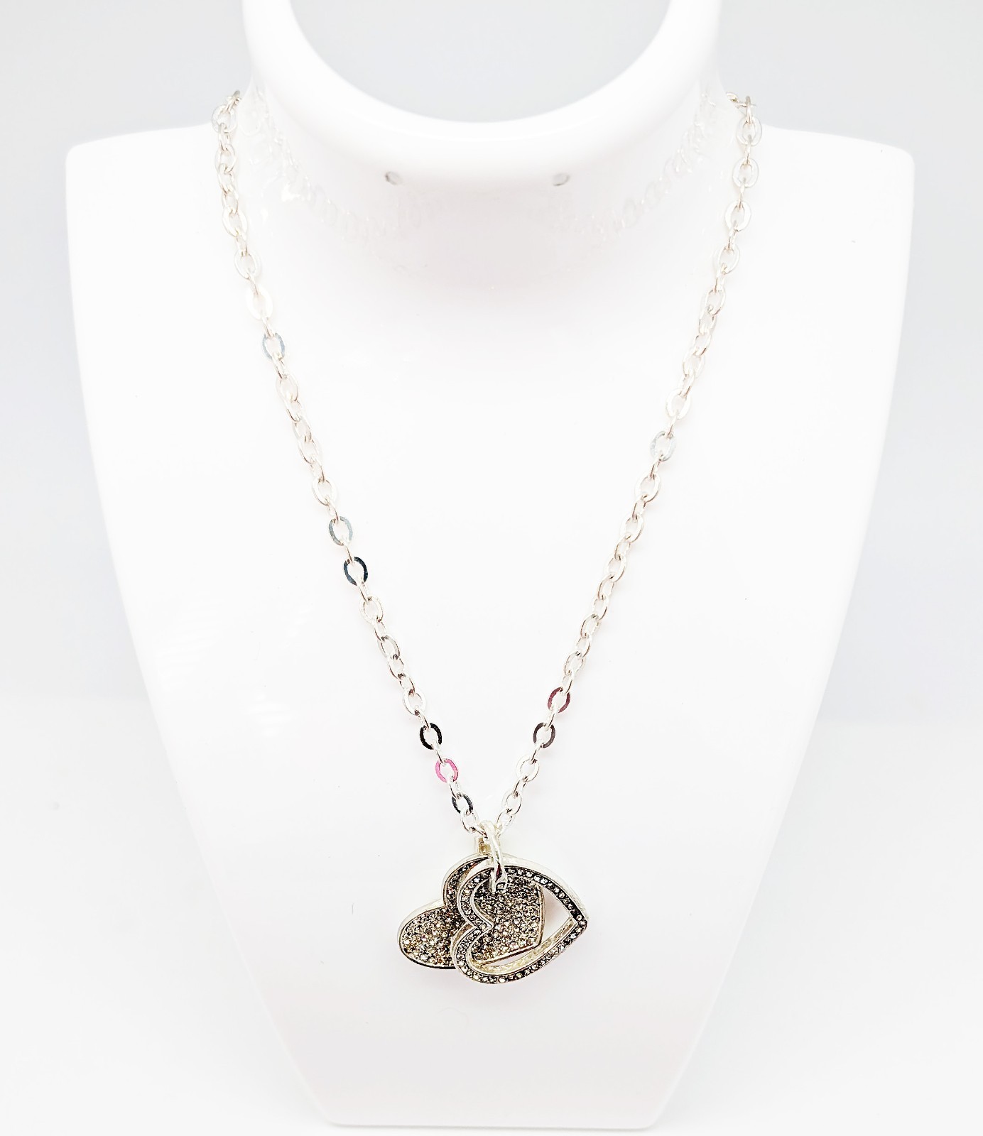 DESIGNER INSPIRED 17 in CLEAR CRYSTAL SILVER TONE DOUBLE HEART ROLO NECKLACE NEW