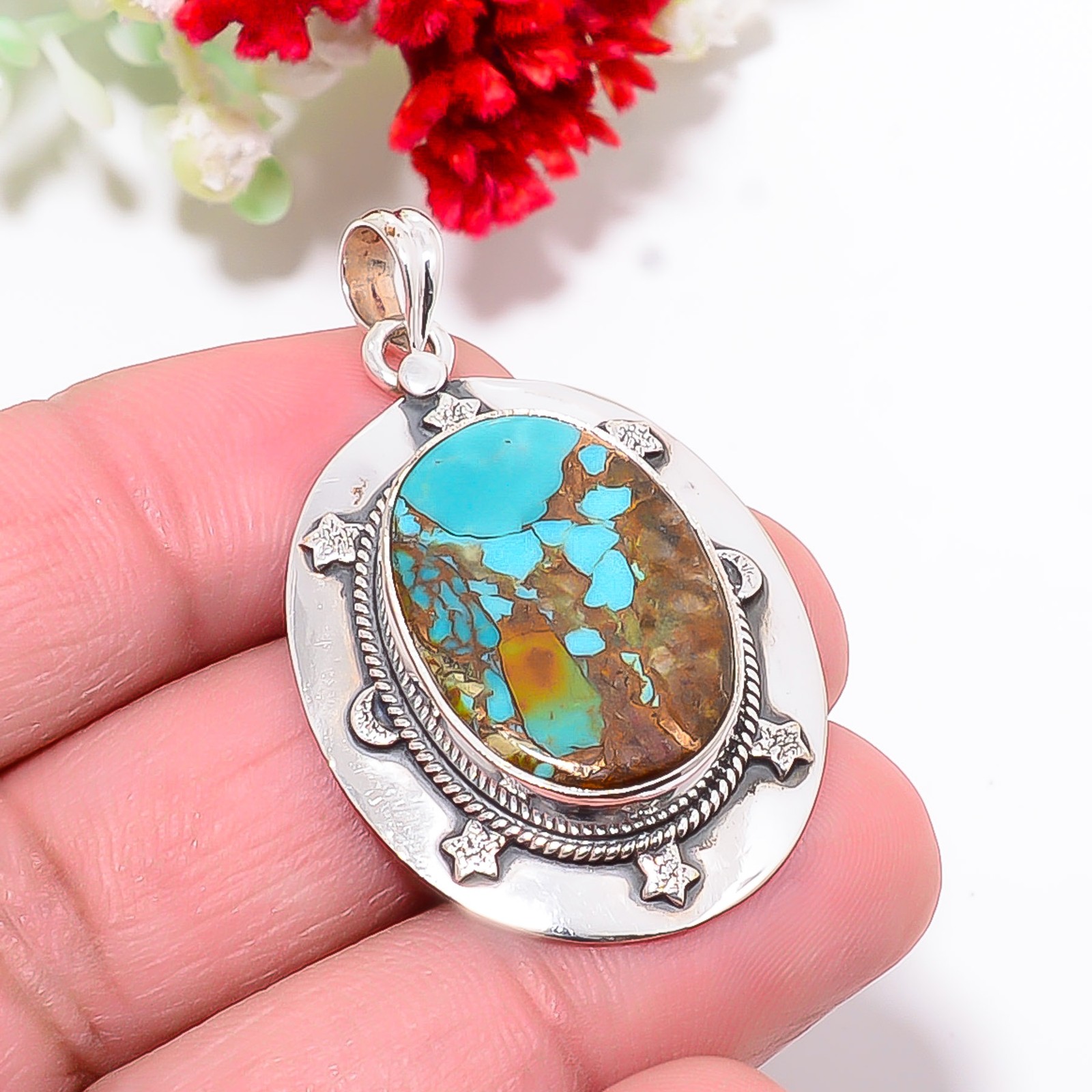Copper Turquoise – Pilot Mountain 925 Sterling Silver Bali Pendant 1.75″ P511988