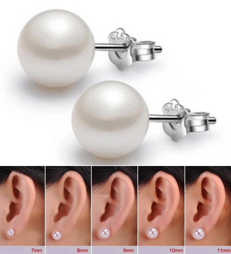Sterling Silver 4/5/6/8/10mm Natural Sea Shell Pearl Stud Post Earrings Gift Box
