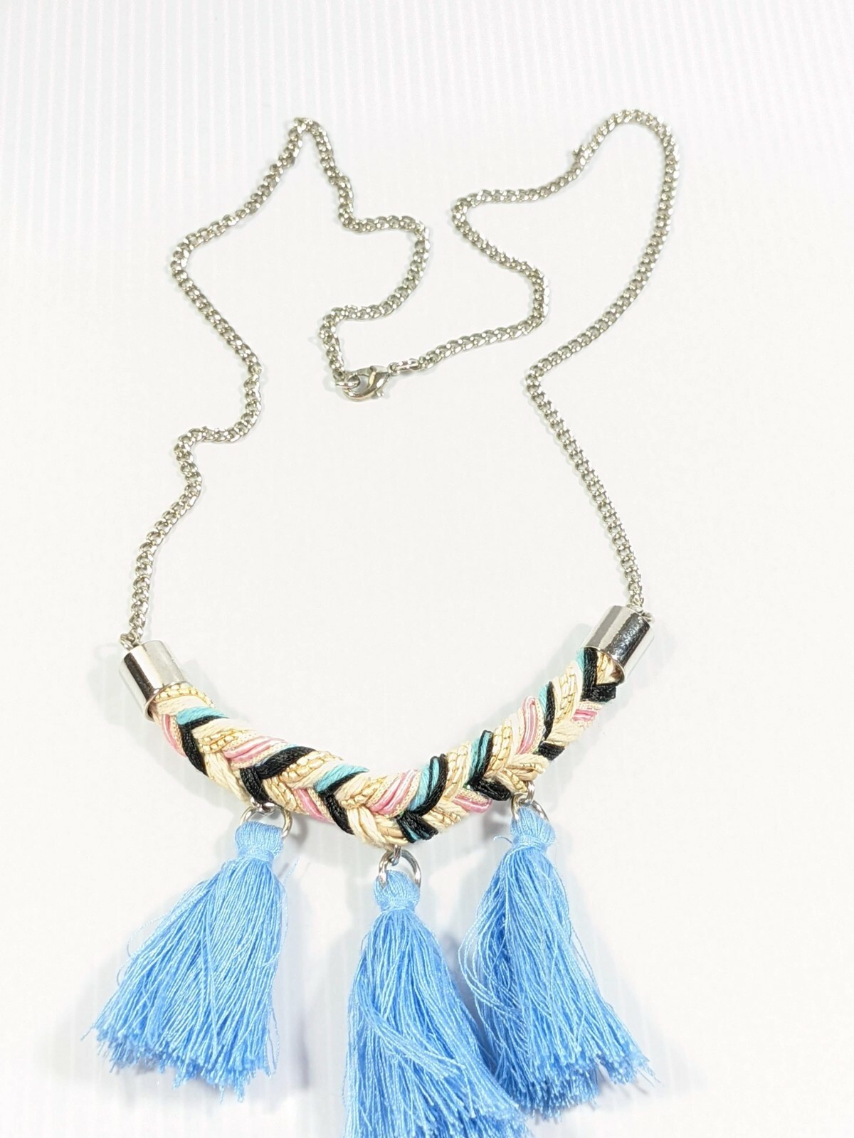 Silver Tone Blue Tassel Black Ivory Pink Braided Cord Necklace 25 inches