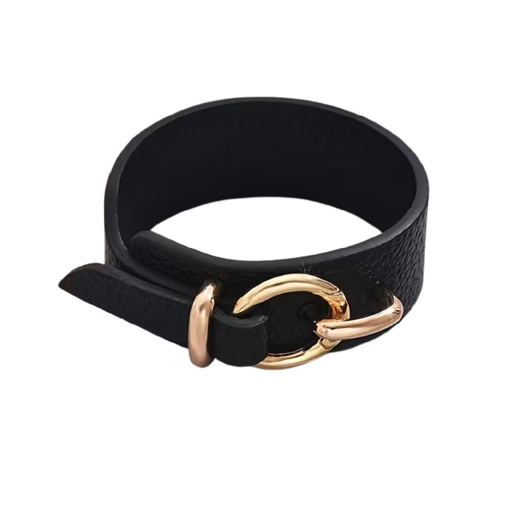 Black PU Gold Tone Buckle Adjustable Wrist Strap Bracelet