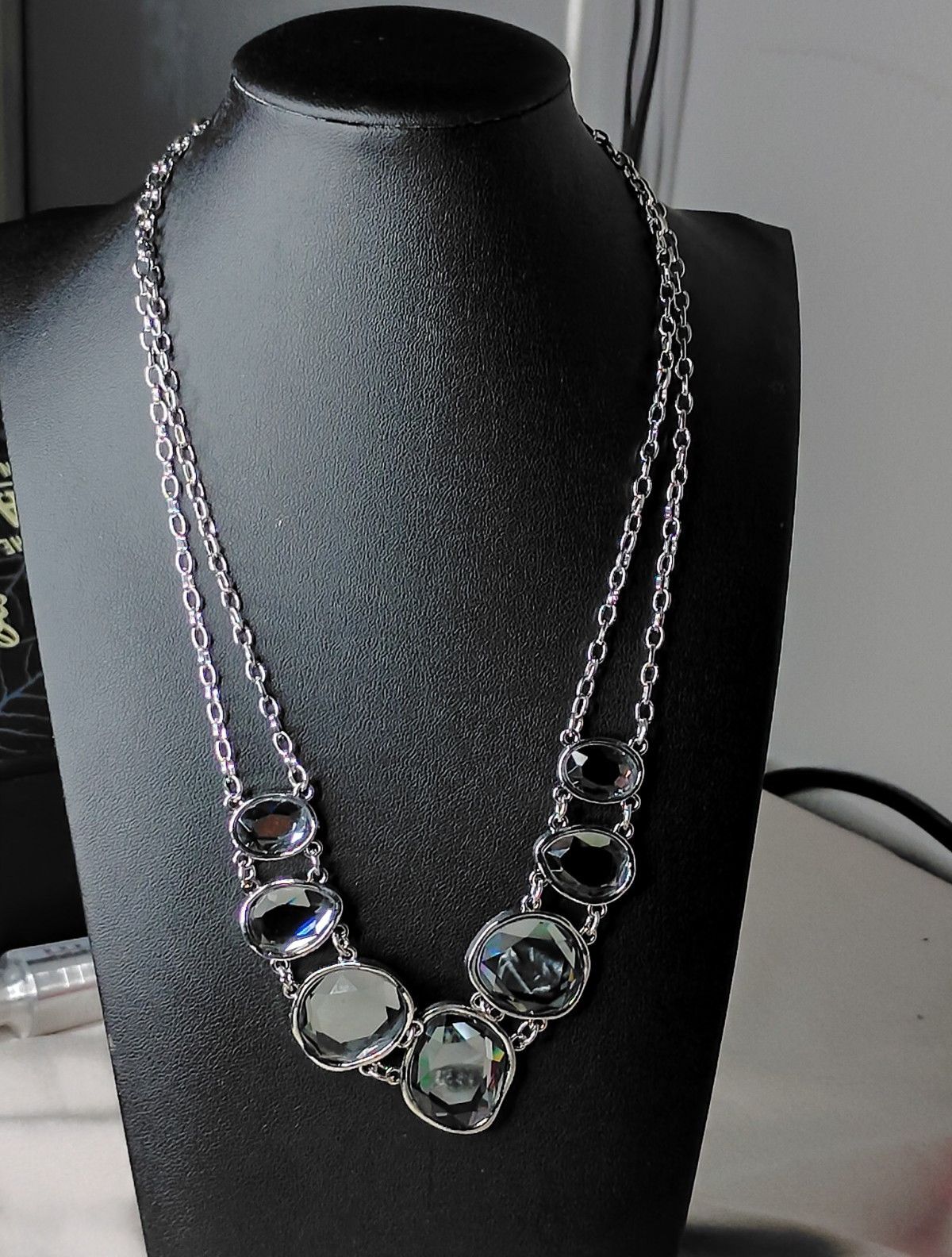 Silver Tone Statement Pendant Necklace Black Round Crystal Adjustable Lobster