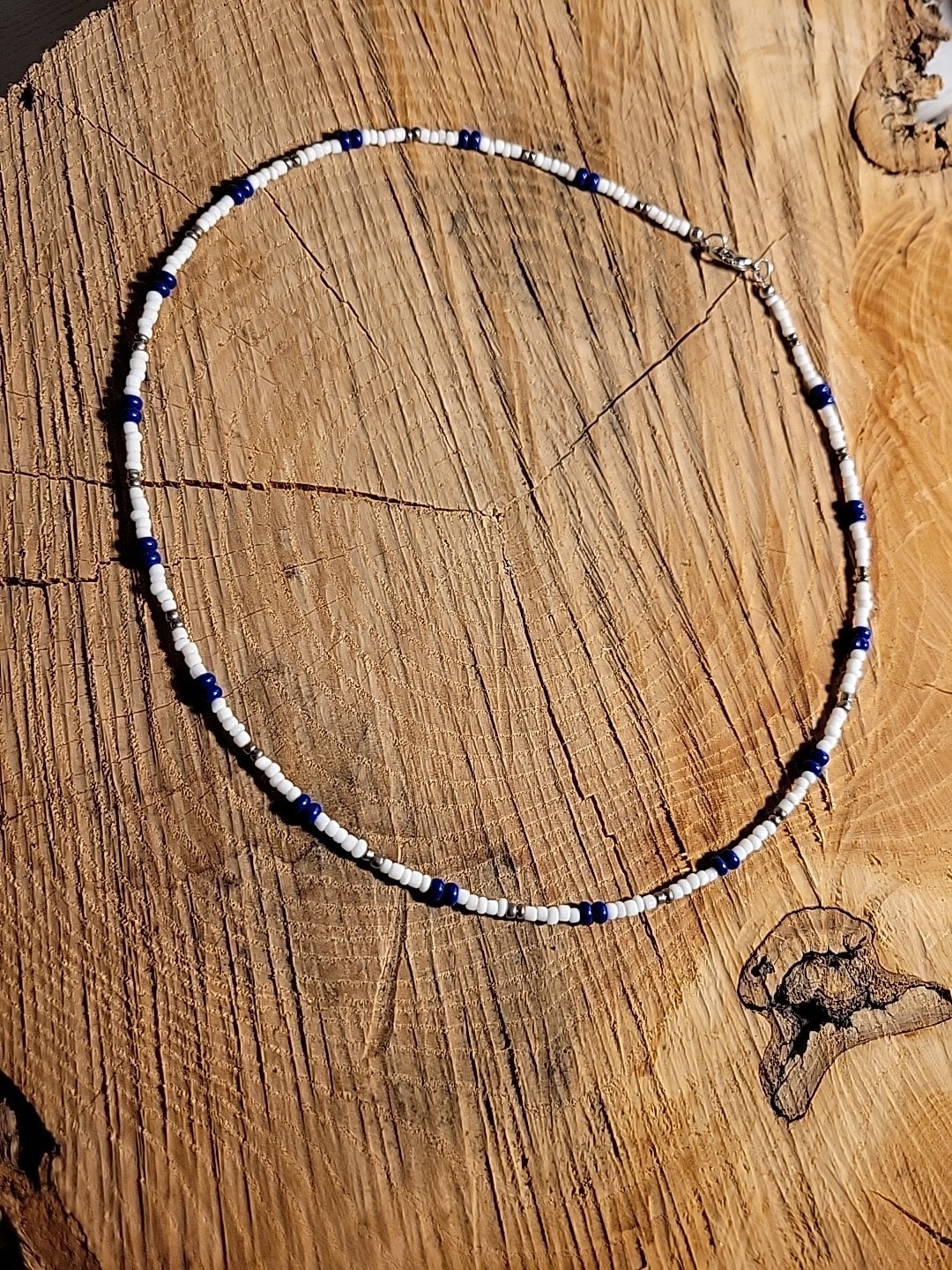 Royal Blue, White & Silver Surfer Summer Boho Beaded Necklace Choker Beach