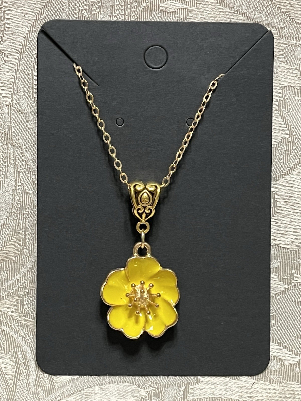 Yellow Camellia Flower Enamel Pendant Gold Necklace Bohemian Floral Novelty 18”