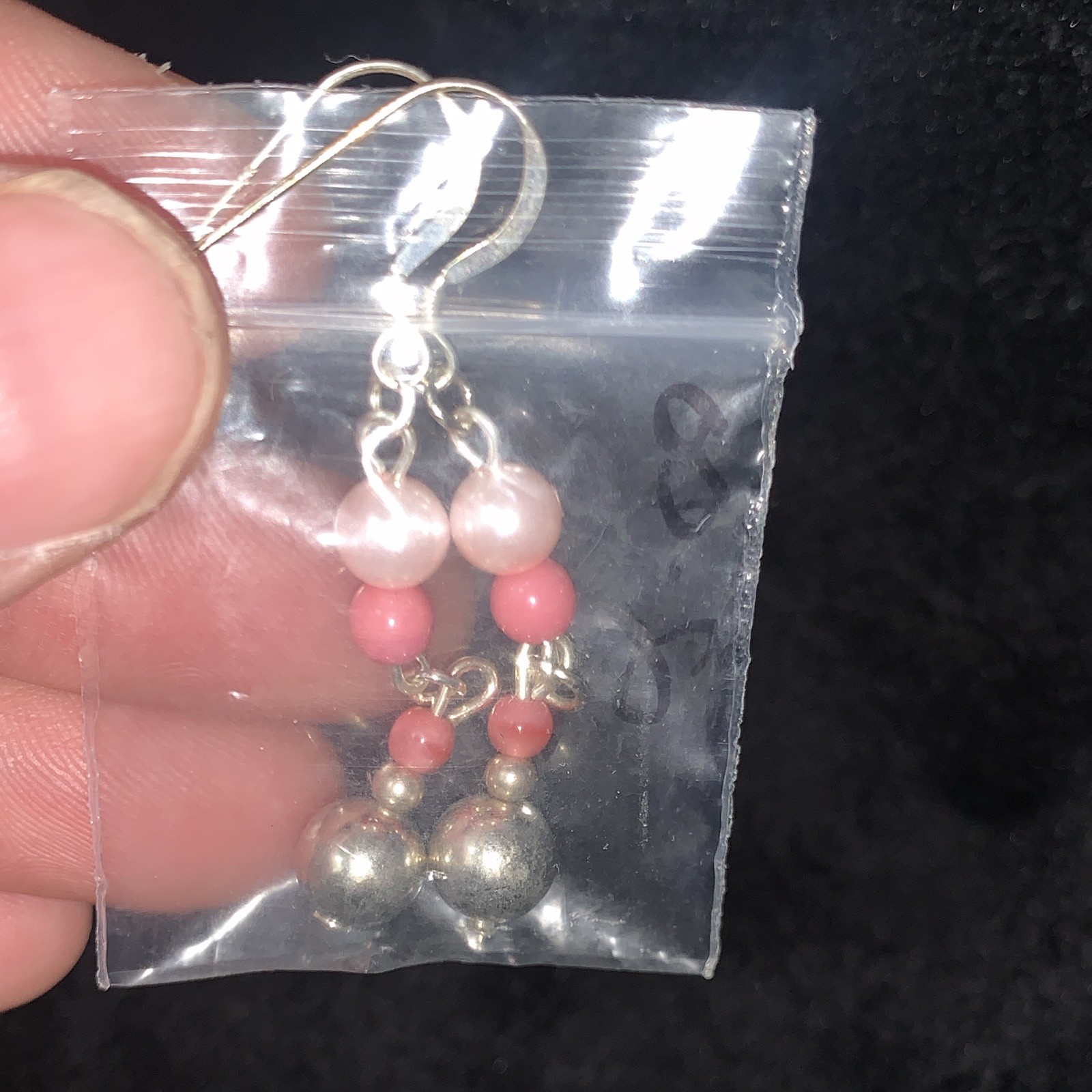 Pink & Silver Beaded Dangle/Drop Hook Earrings, Metal & Plastic Round Beads