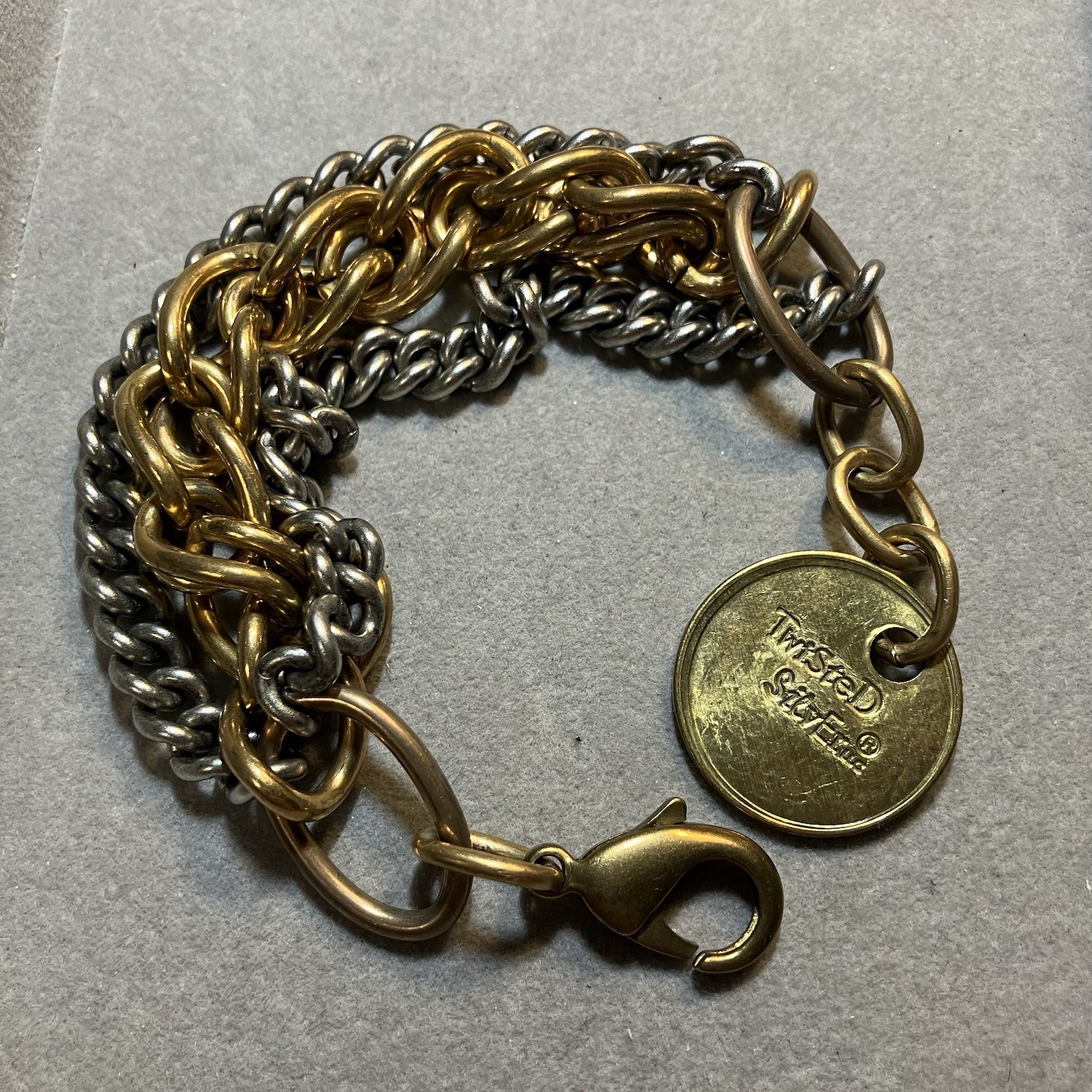 Designer Twisted Silver Signed Distressed Two Tone Triple Chain Bracelet RARE