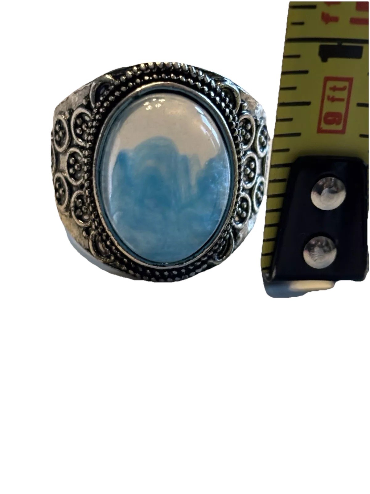 Blue Gemstone Statement Ring Silver Plated Court Style Sz 11 Larimar