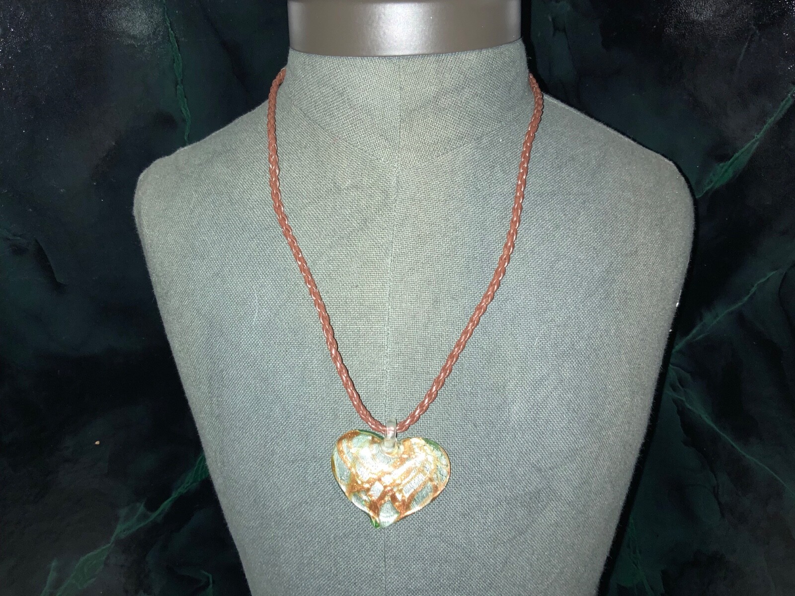 CHICOS Necklace leather chain ,metal, & glass pendant new without tags see photo