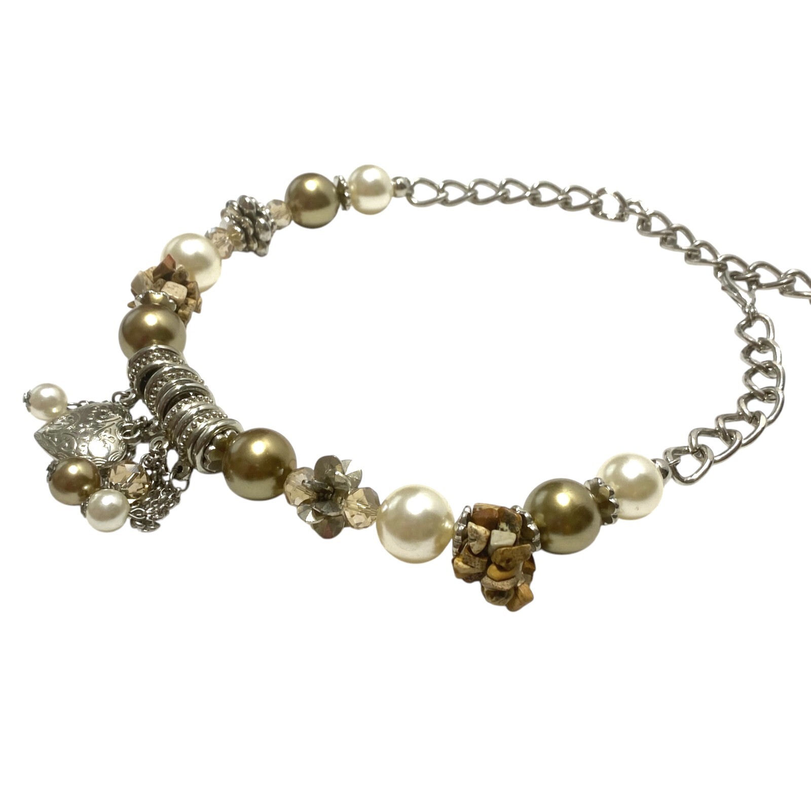 Chunky Charm Statement Necklace Puffy Heart Crystal Simulated Pearl Collar Chain