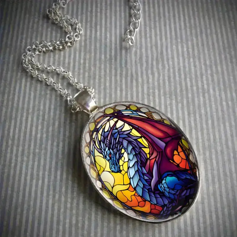 Dragon Scaled Oval Jewelry Vintage Silvery Magical Gothic Pendant Necklace