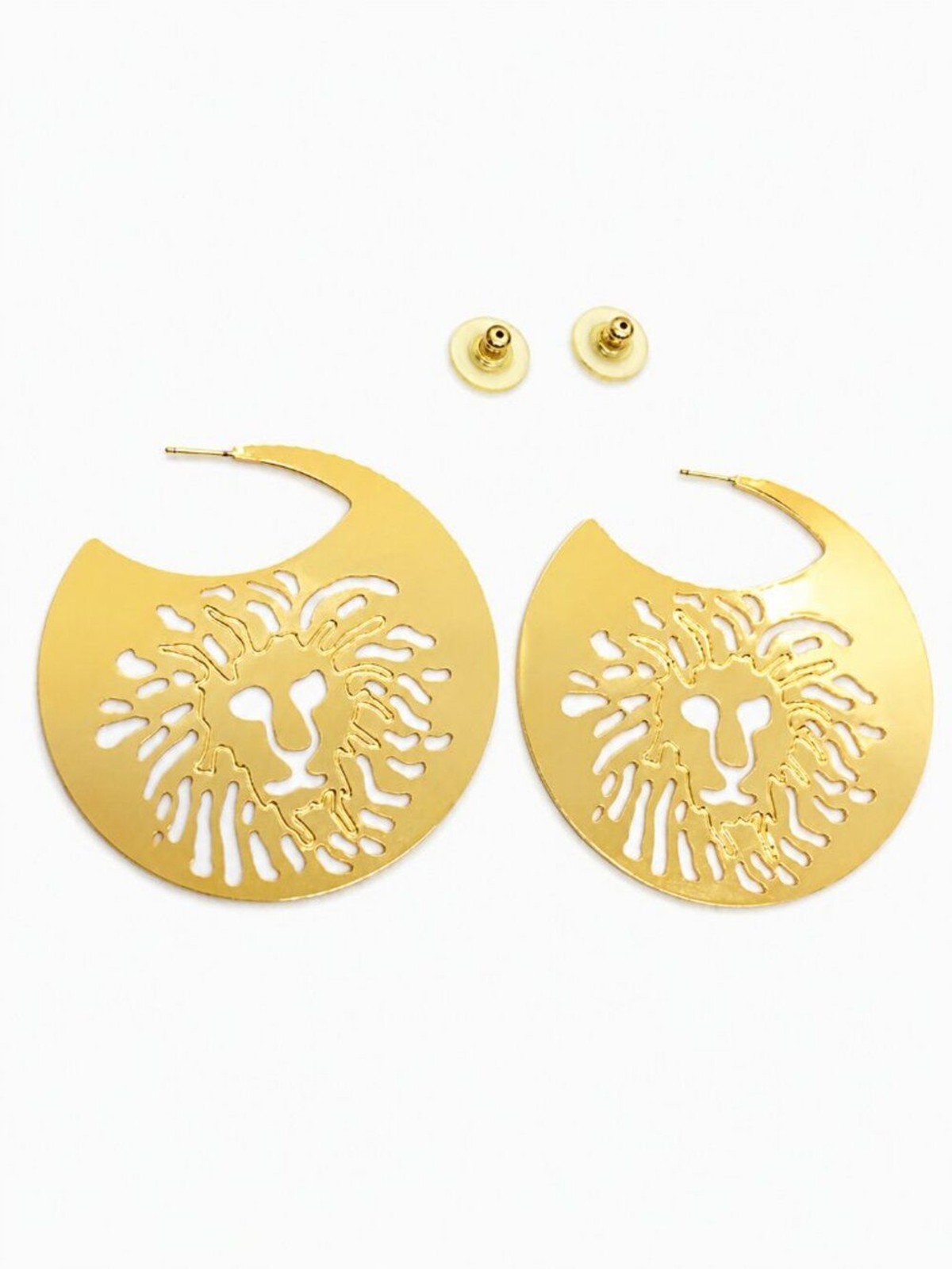 VINTAGE ANNE KLEIN Earrings Gold Tone Lion Logo Cutout Disc Statement 3 Inch