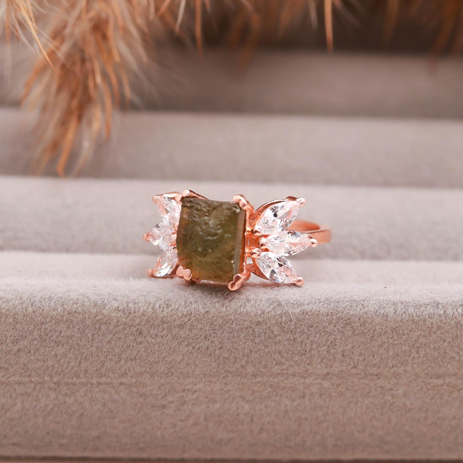 Rough Moldavite Octagon Ring Rose Gold Plated Solid Silver Jewelry Gift For Her