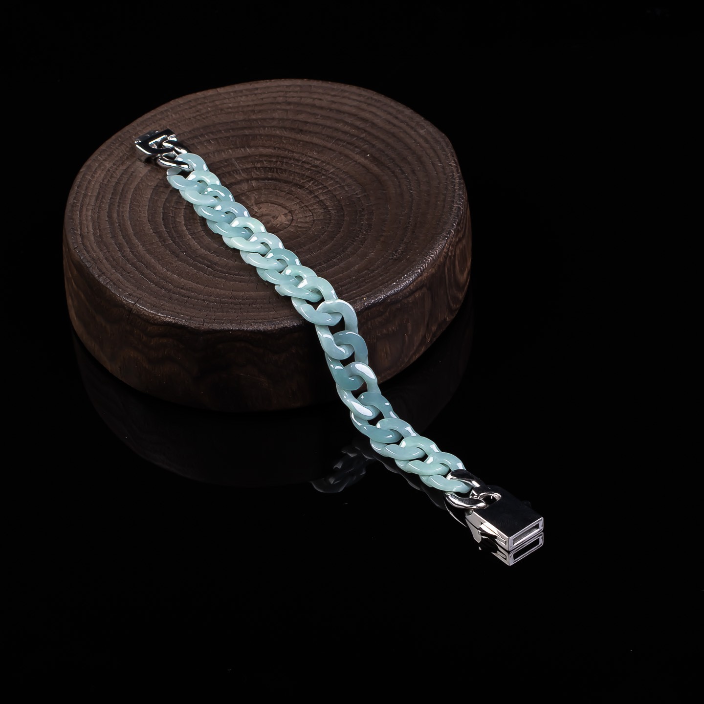 Natural Grade A Blue Water Jadeite Cuban Link Bracelet with Titanium Steel Clasp