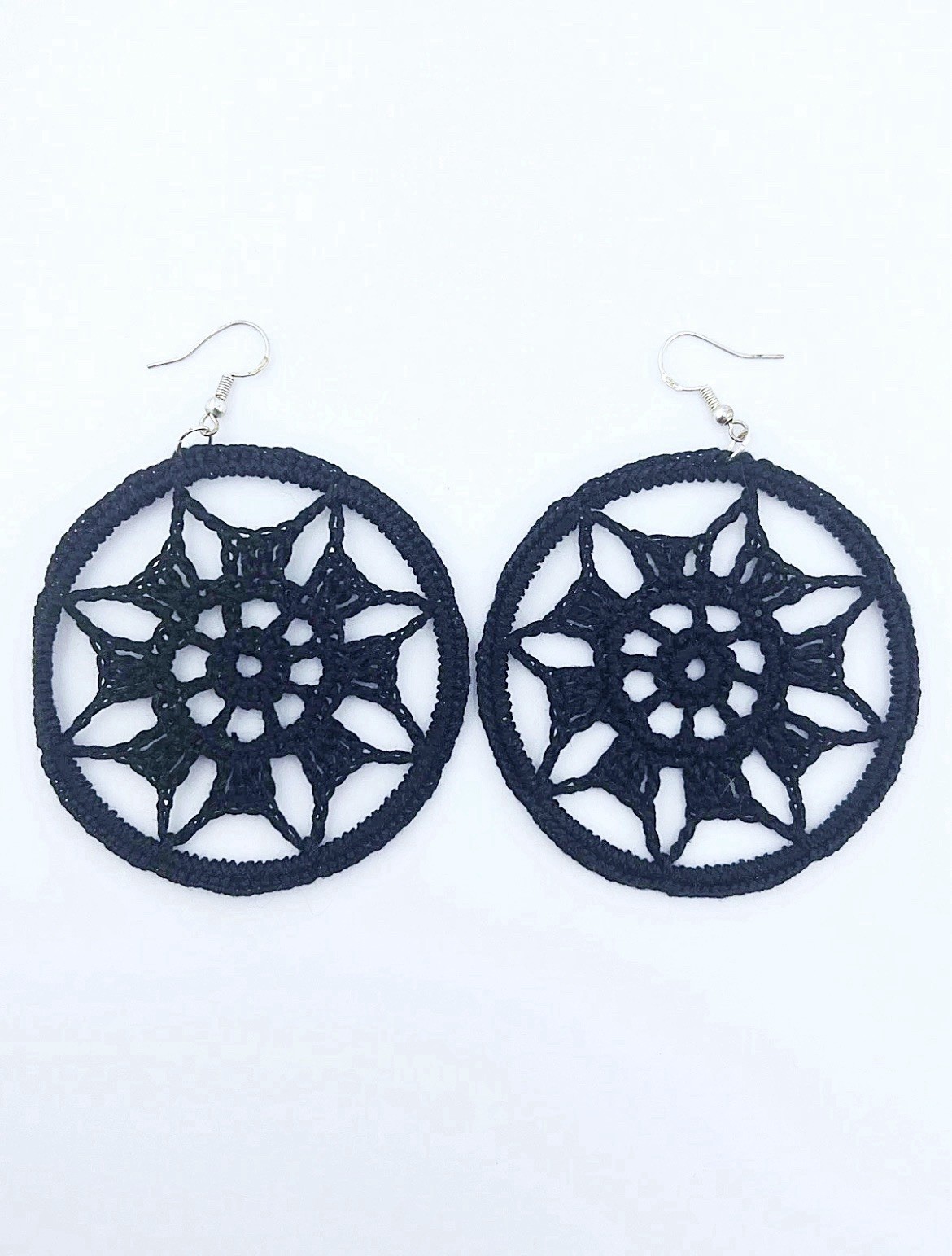 Artisan Black Crochet Weave Hoop Dangle 3” 925 Earrings – Handmade Lithuania