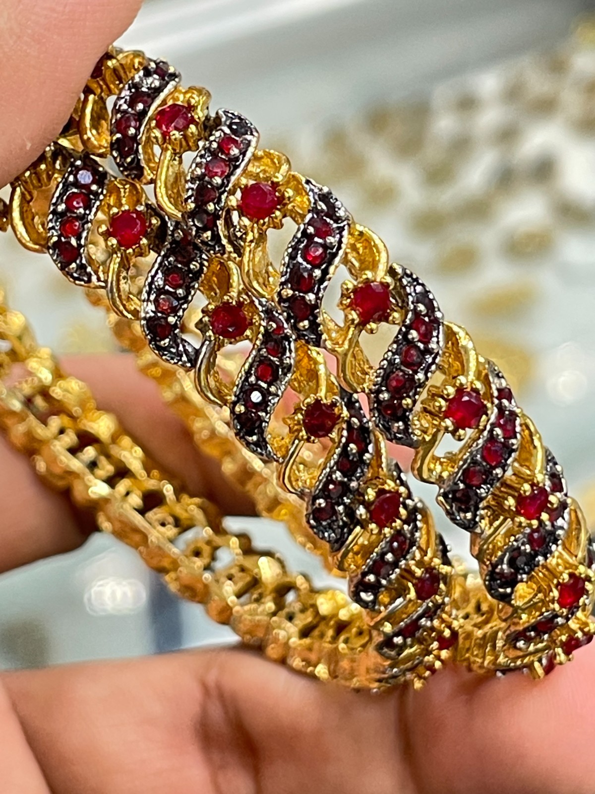 2 Pc Set Antique Gold Plated Oxidized Red Ruby Stones Bangles Size2.8 Pakistani