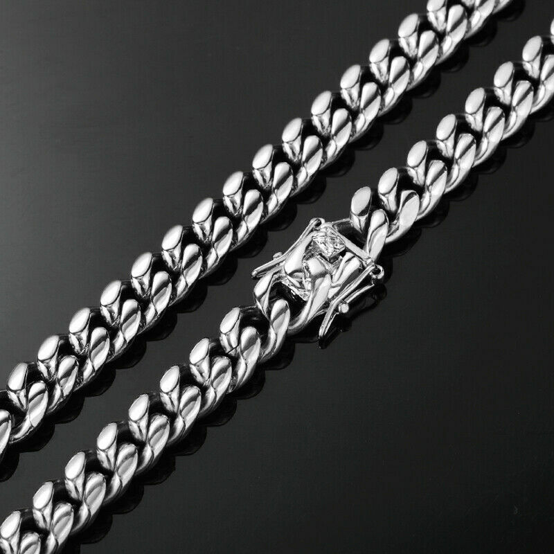 100% Stainless Steel White Gold Plated Miami Cuban Link Chain Bracelet 8MM-14MM