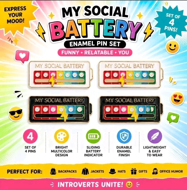 “My Social Battery” Enamel Metal Lapel Pin/Brooch 2-Pack White & Black
