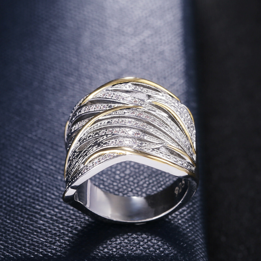 Fashion Two Tone 925 Silver Filled Ring Women Cubic Zircon Wedding Ring Sz 6-10